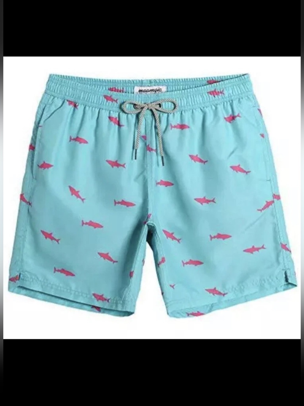 Maamgic Men's Lined 5.5 inch inseam Swim Trunks - Teal and Pink Shark Graphic S